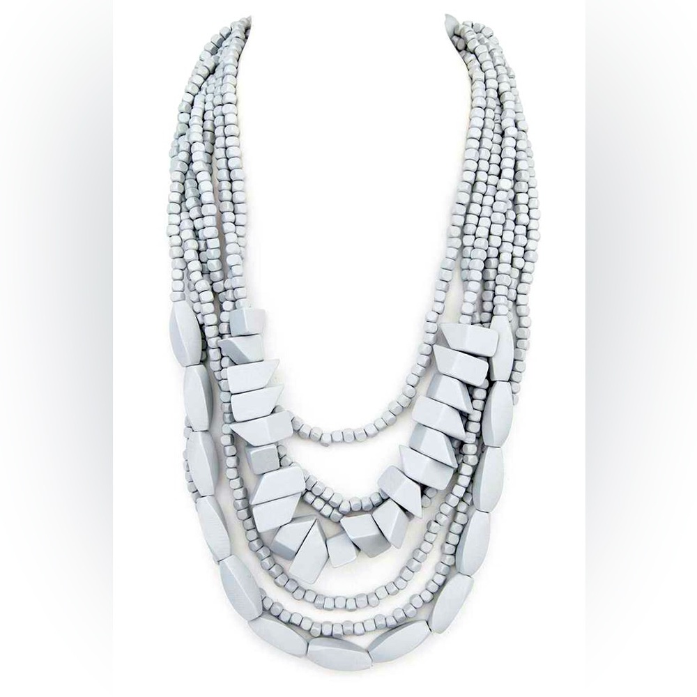 Gray Layered Wood Beaded Statement Necklace